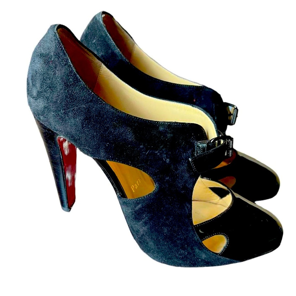 Christian Louboutin Black Suede Cutout Mary Jane Heels with Red Soles